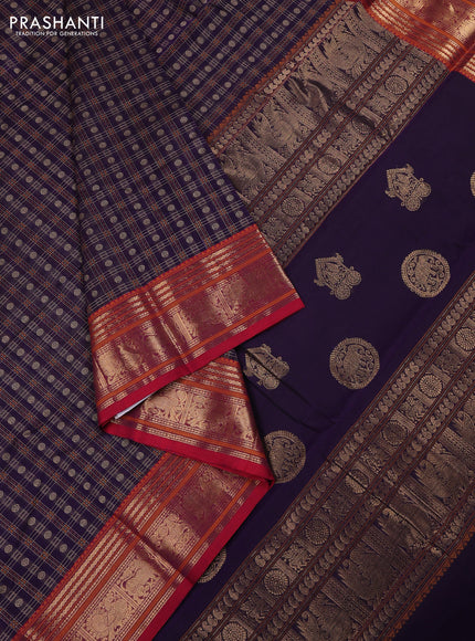 Kanchi cotton saree violet and maroon with allover zari woven checked pattern and zari woven border