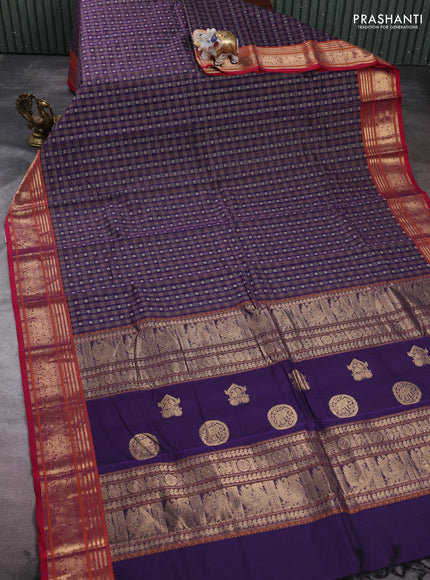 Kanchi cotton saree violet and maroon with allover zari woven checked pattern and zari woven border