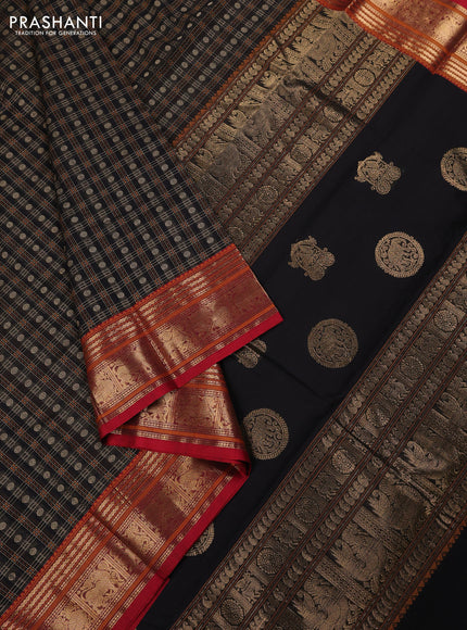 Kanchi cotton saree black and maroon with allover zari woven checked pattern and zari woven border