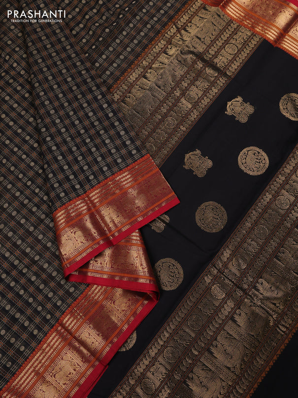 Kanchi cotton saree black and maroon with allover zari woven checked pattern and zari woven border
