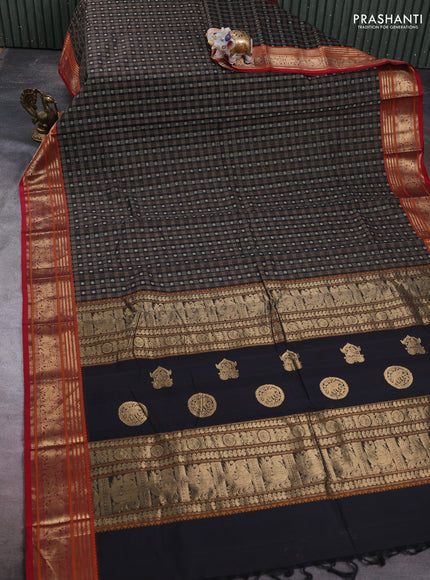 Kanchi cotton saree black and maroon with allover zari woven checked pattern and zari woven border