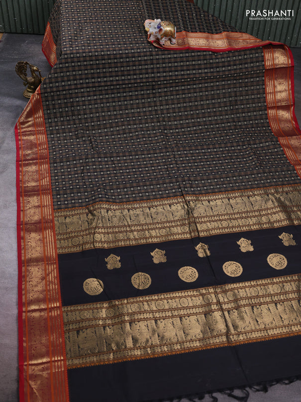 Kanchi cotton saree black and maroon with allover zari woven checked pattern and zari woven border