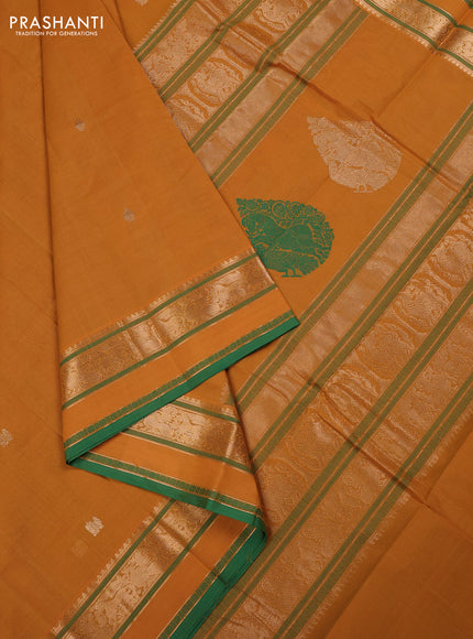 Kanchi cotton saree mustard yellow and green with zari woven buttas and zari woven border