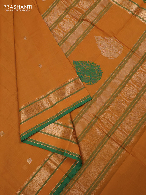 Kanchi cotton saree mustard yellow and green with zari woven buttas and zari woven border