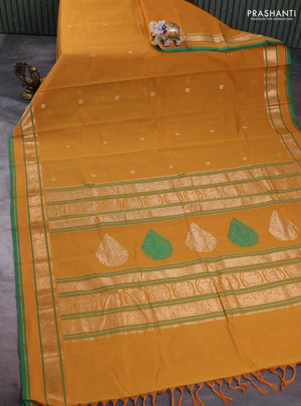 Kanchi cotton saree mustard yellow and green with zari woven buttas and zari woven border