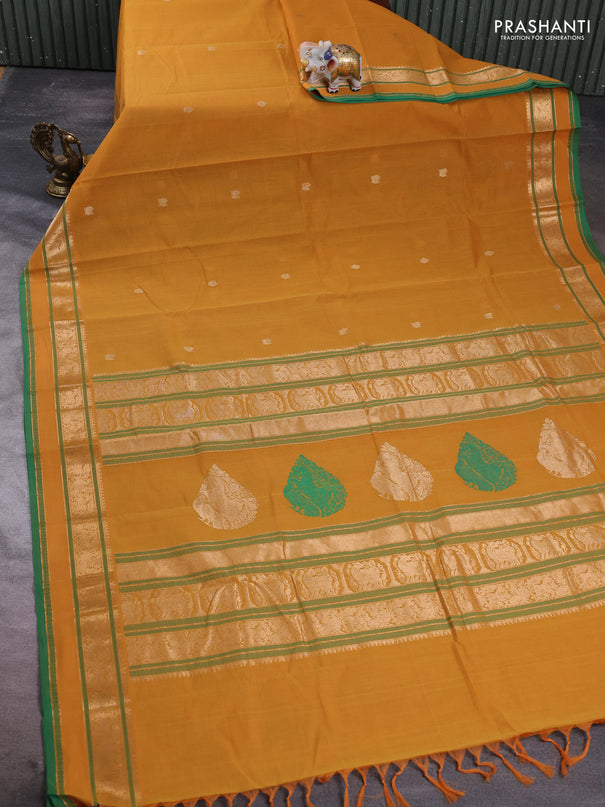 Kanchi cotton saree mustard yellow and green with zari woven buttas and zari woven border