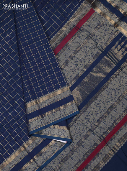 Kanchi cotton saree peacock blue with allover zari woven checked pattern and rettapet thread & zari woven border