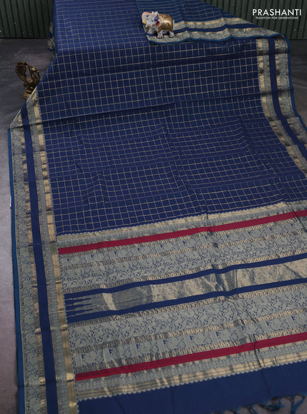 Kanchi cotton saree peacock blue with allover zari woven checked pattern and rettapet thread & zari woven border