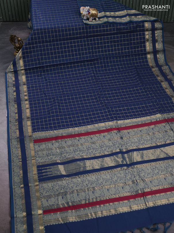 Kanchi cotton saree peacock blue with allover zari woven checked pattern and rettapet thread & zari woven border