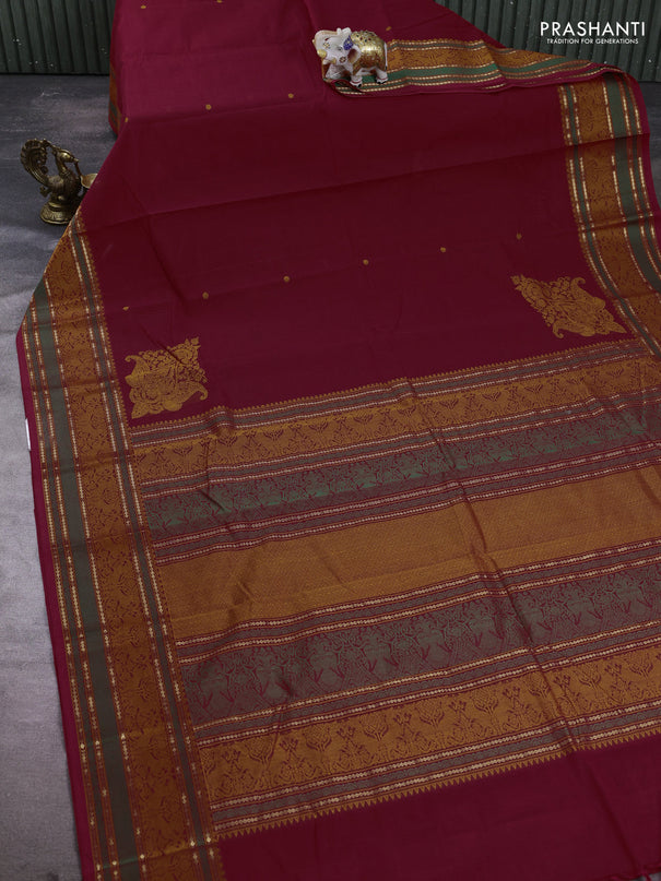 Kanchi cotton saree red with thread woven buttas and long thread woven border