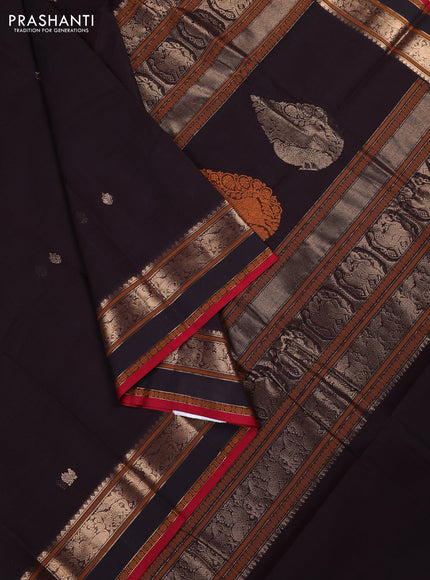 Kanchi cotton saree coffee brown and red with zari woven buttas and rettapet zari woven border