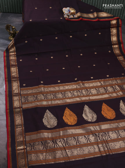 Kanchi cotton saree coffee brown and red with zari woven buttas and rettapet zari woven border