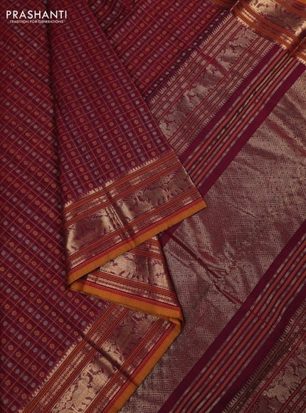 Kanchi cotton saree maroon and mustard yellow with allover thread checks & buttas and zari woven border