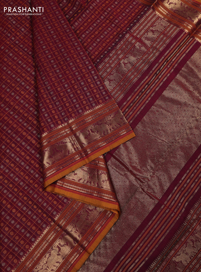 Kanchi cotton saree maroon and mustard yellow with allover thread checks & buttas and zari woven border