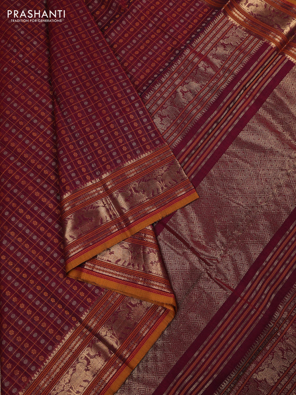 Kanchi cotton saree maroon and mustard yellow with allover thread checks & buttas and zari woven border