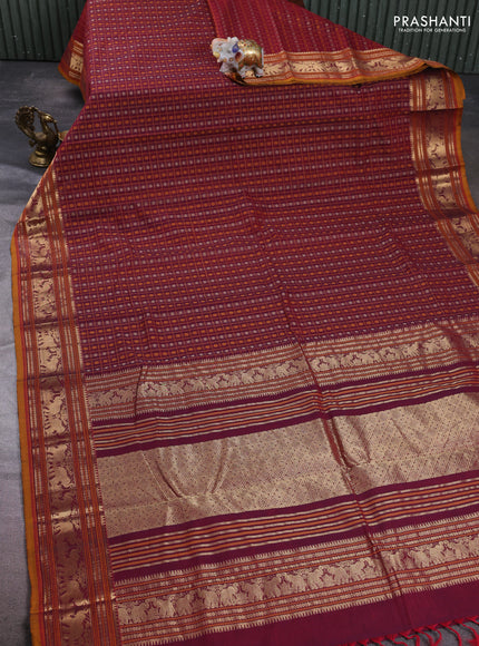 Kanchi cotton saree maroon and mustard yellow with allover thread checks & buttas and zari woven border