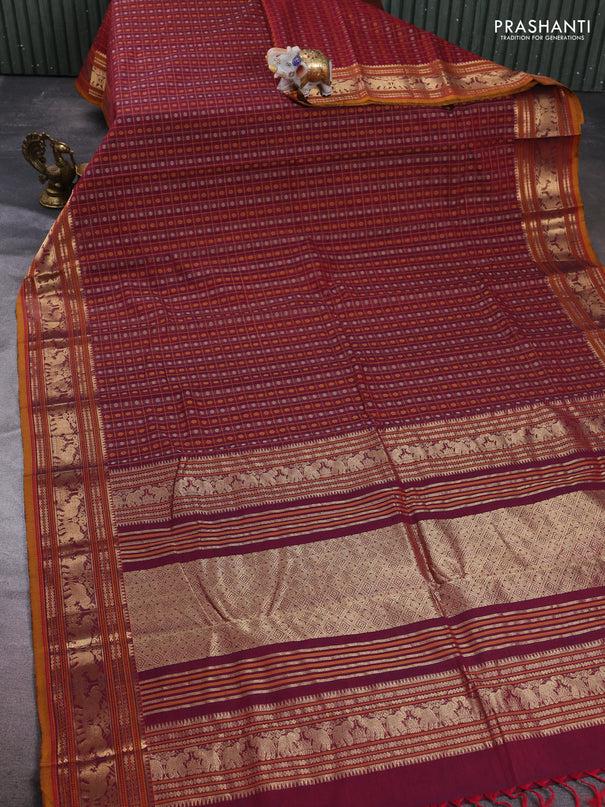 Kanchi cotton saree maroon and mustard yellow with allover thread checks & buttas and zari woven border