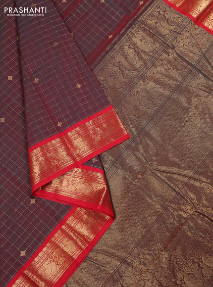 Kanchi cotton saree dual shade of maroon and red with allover zari checks & buttas and zari woven border