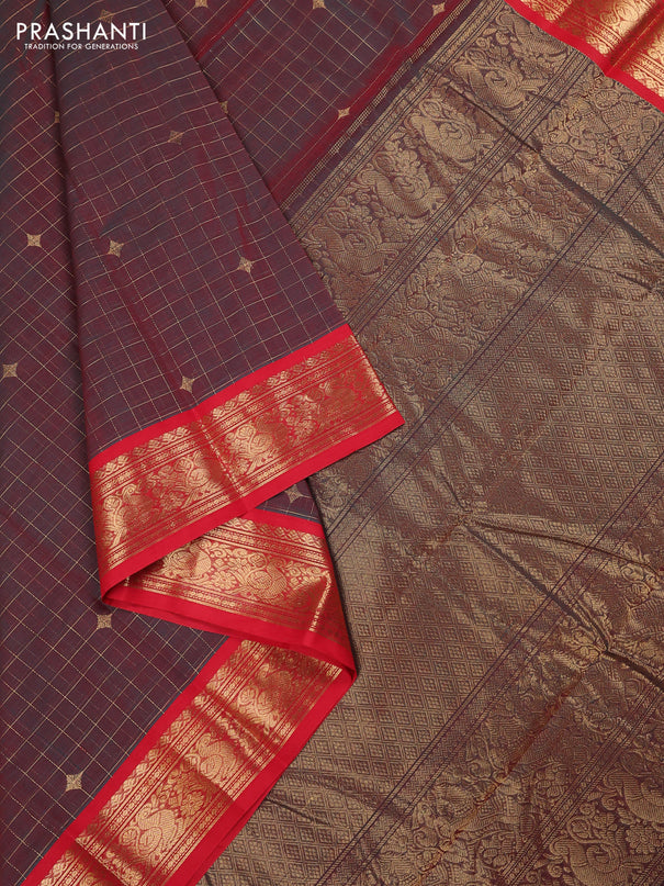 Kanchi cotton saree dual shade of maroon and red with allover zari checks & buttas and zari woven border