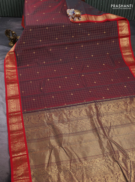 Kanchi cotton saree dual shade of maroon and red with allover zari checks & buttas and zari woven border