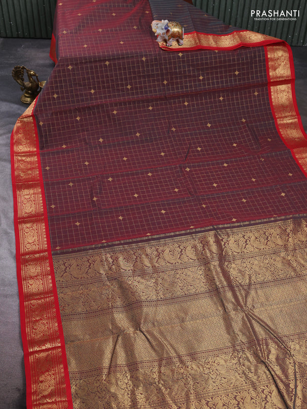 Kanchi cotton saree dual shade of maroon and red with allover zari checks & buttas and zari woven border