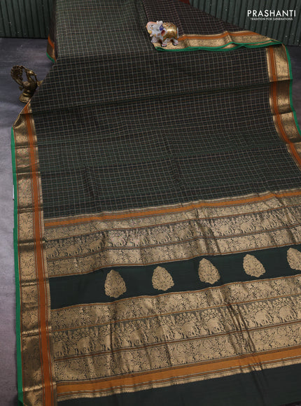 Kanchi cotton saree olive green and green with allover thread checks & buttas and zari woven border