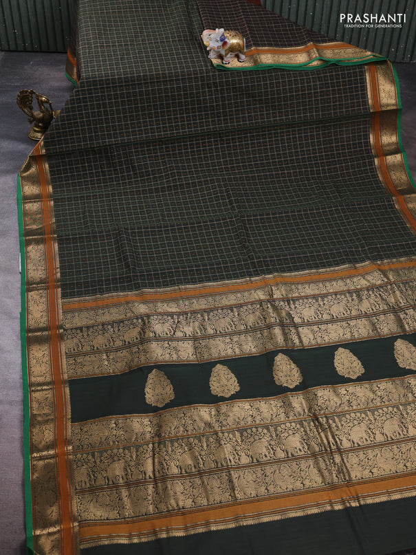 Kanchi cotton saree olive green and green with allover thread checks & buttas and zari woven border