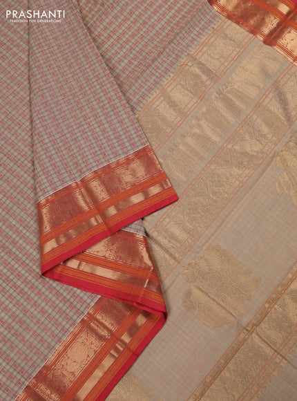 Kanchi cotton saree sandal and red with allover thread checks & buttas and zari woven border