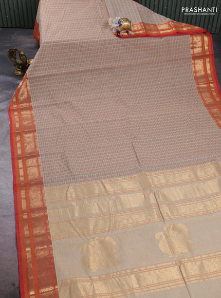 Kanchi cotton saree sandal and red with allover thread checks & buttas and zari woven border