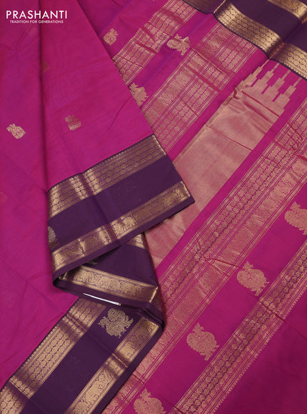 Kanchi cotton saree pink and deep wine with zari woven buttas and rettapet zari woven butta border