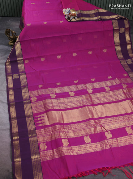 Kanchi cotton saree pink and deep wine with zari woven buttas and rettapet zari woven butta border
