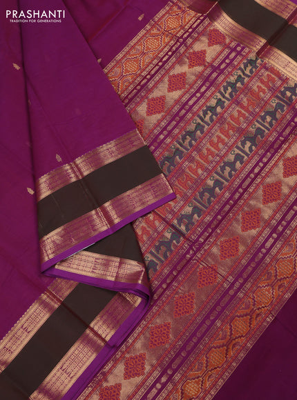 Kanchi cotton saree purple and mathulir green with zari woven buttas and long rettapet zari woven border