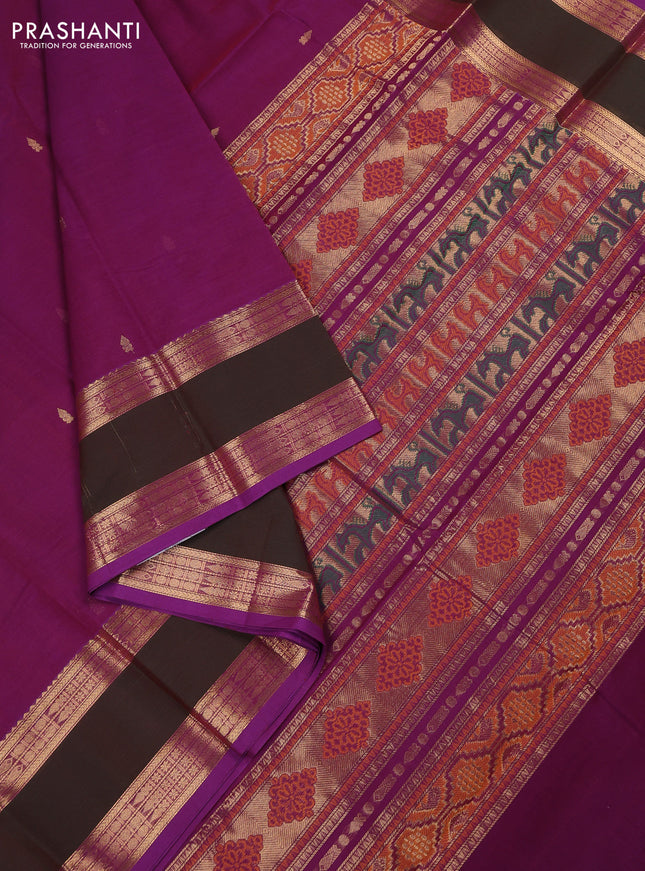 Kanchi cotton saree purple and mathulir green with zari woven buttas and long rettapet zari woven border