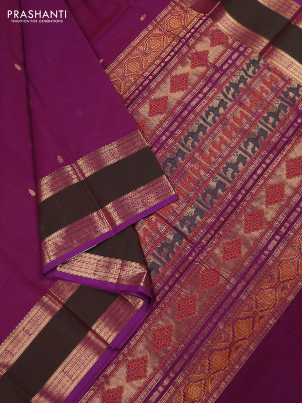 Kanchi cotton saree purple and mathulir green with zari woven buttas and long rettapet zari woven border