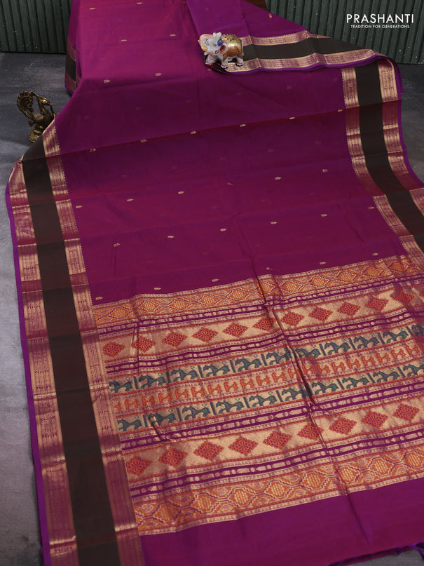 Kanchi cotton saree purple and mathulir green with zari woven buttas and long rettapet zari woven border