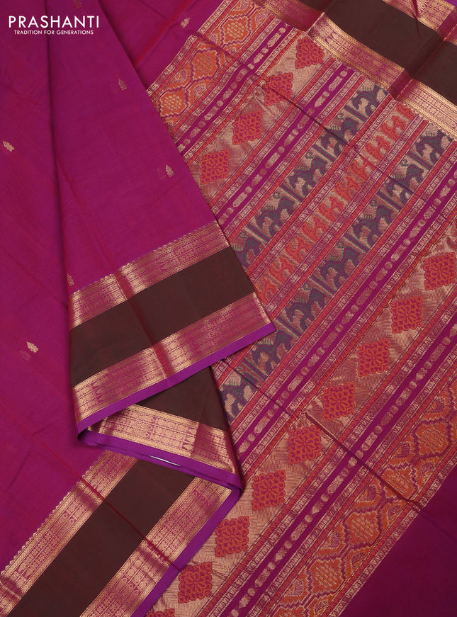 Kanchi cotton saree magenta pink and purple with zari woven buttas and long rettapet zari woven border