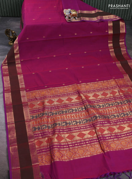 Kanchi cotton saree magenta pink and purple with zari woven buttas and long rettapet zari woven border