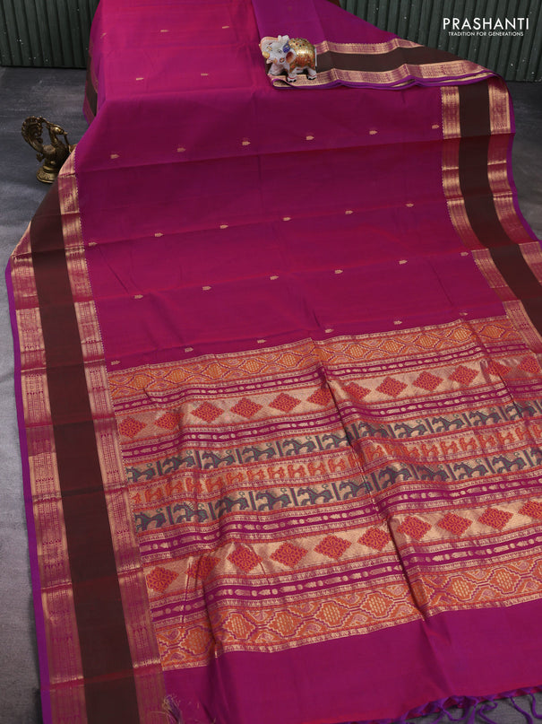 Kanchi cotton saree magenta pink and purple with zari woven buttas and long rettapet zari woven border