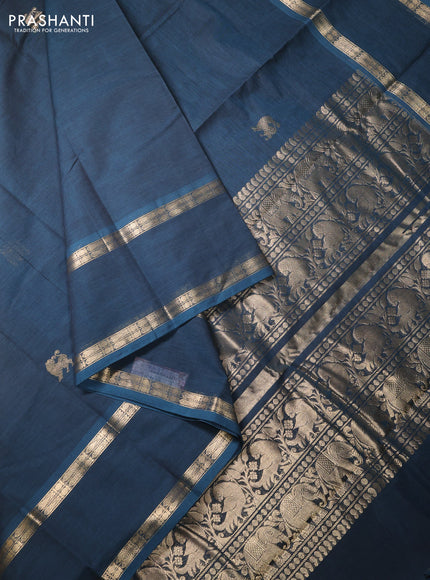 Kanchi cotton saree peacock blue with zari woven buttas and rettapet zari woven border