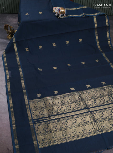 Kanchi cotton saree peacock blue with zari woven buttas and rettapet zari woven border