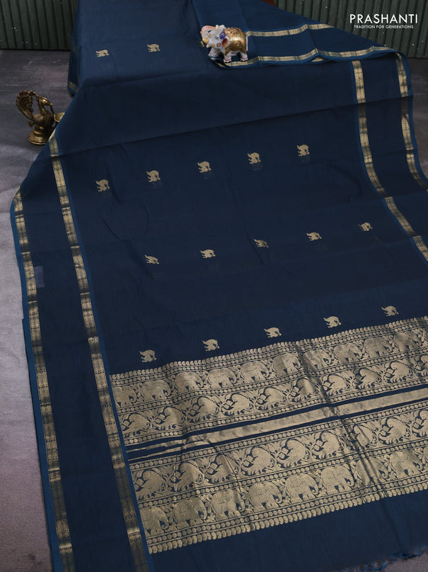 Kanchi cotton saree peacock blue with zari woven buttas and rettapet zari woven border