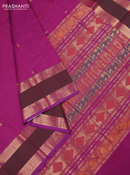 Kanchi cotton saree purple shade and dual shade of greenish pink with zari woven buttas and rettapet zari woven border