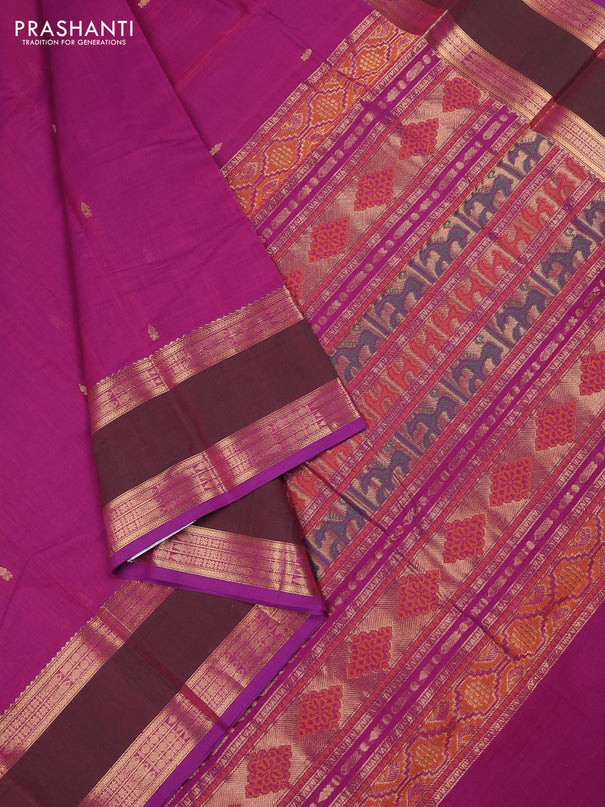 Kanchi cotton saree purple shade and dual shade of greenish pink with zari woven buttas and rettapet zari woven border