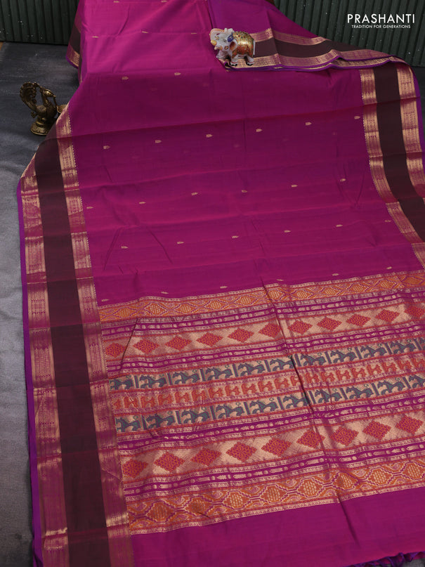 Kanchi cotton saree purple shade and dual shade of greenish pink with zari woven buttas and rettapet zari woven border