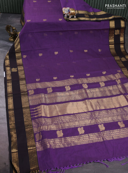Kanchi cotton saree violet and dark coffee brown with zari woven buttas and rettapet zari woven butta border
