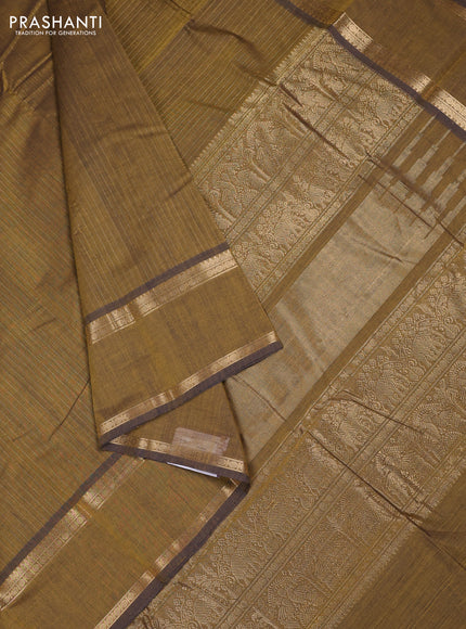 Kanchi cotton saree dark mustard with allover zari stripe pattern and rettapet zari woven border