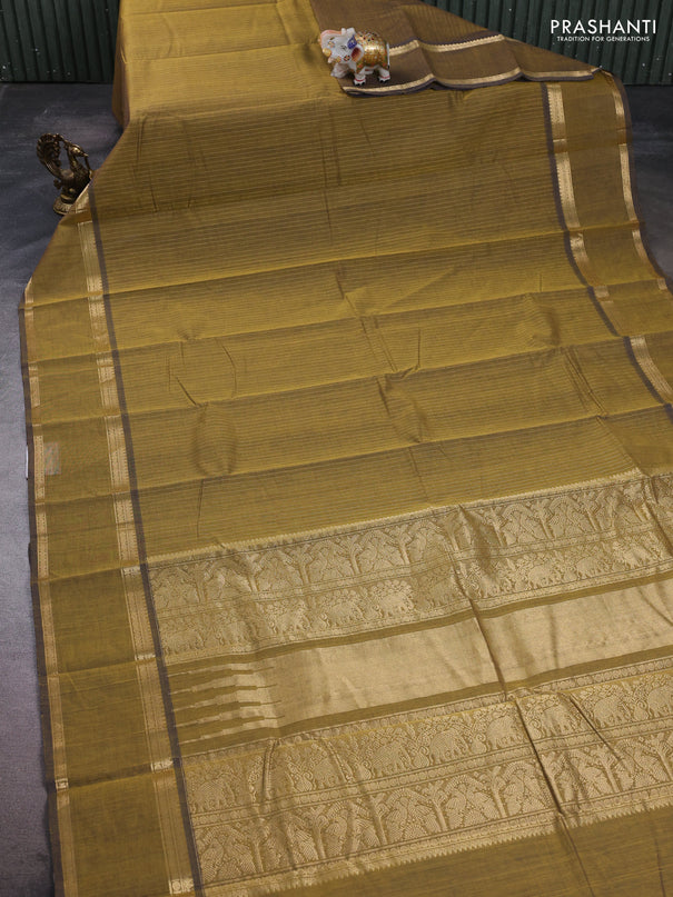 Kanchi cotton saree dark mustard with allover zari stripe pattern and rettapet zari woven border