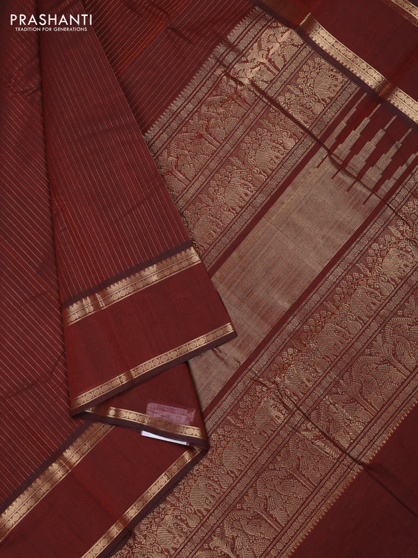 Kanchi cotton saree brown with allover zari stripe pattern and rettapet zari woven border