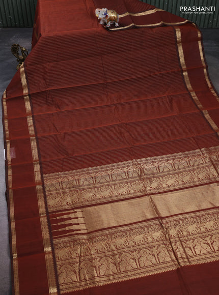 Kanchi cotton saree brown with allover zari stripe pattern and rettapet zari woven border