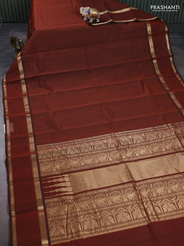 Kanchi cotton saree brown with allover zari stripe pattern and rettapet zari woven border